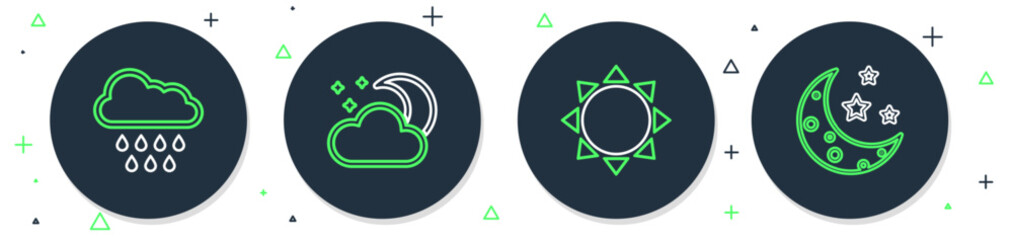 Sticker - Set line Cloud with moon and stars, Sun, rain and Moon icon. Vector