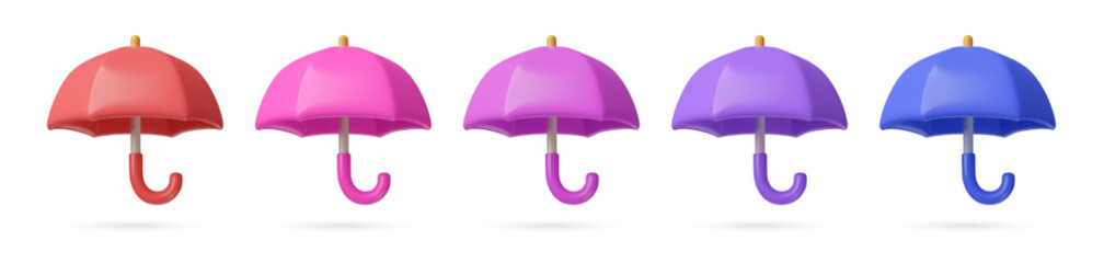 3d cartoon umbrella icons set. Different color cute plastic three dimensional vector object on white background.