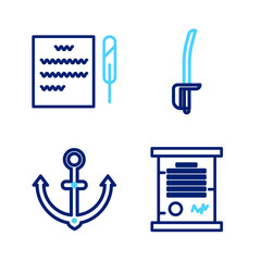 Sticker - Set line Decree, parchment, scroll, Anchor, Pirate sword and Feather pen and icon. Vector