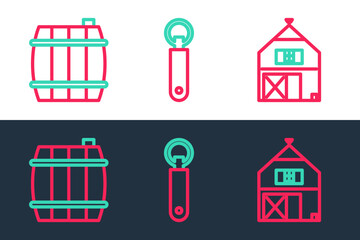 Sticker - Set line Farm House, Wooden barrel and Bottle opener icon. Vector