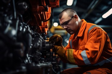 industrial worker in orange gear inspecting a vehicle engine