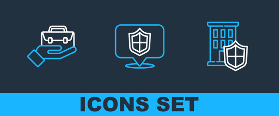 Sticker - Set line House with shield, Hand holding briefcase and Location icon. Vector