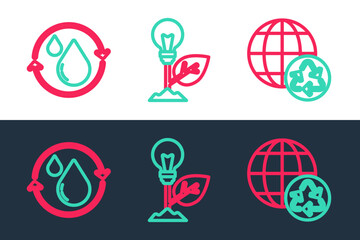 Sticker - Set line Planet earth and recycling, Recycle clean aqua and Light bulb with leaf icon. Vector