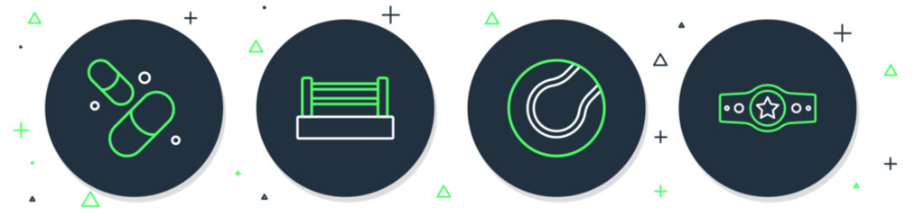 Poster - Set line Boxing ring, Tennis ball, Vitamin pill and belt icon. Vector