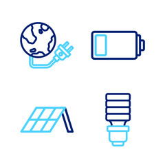 Poster - Set line LED light bulb, Solar energy panel, Battery and Global power planet icon. Vector