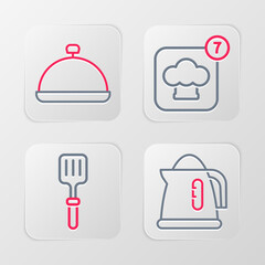 Sticker - Set line Electric kettle, Barbecue spatula, Chef hat and Covered with tray of food icon. Vector