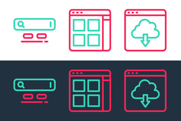 Sticker - Set line Cloud download, Search engine and Browser files icon. Vector