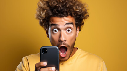 Portrait of a surprised young man holding mobile phone isolated over yellow background.