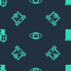 Sticker - Set line Eye, Router and wi-fi and Server with shield on seamless pattern. Vector