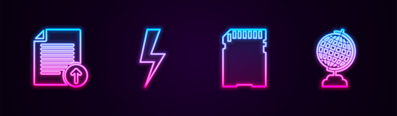 Sticker - Set line Upload file, Lightning bolt, SD card and Earth globe. Glowing neon icon. Vector