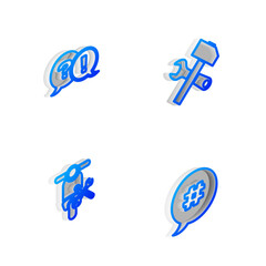 Sticker - Set Isometric line Crossed hammer and wrench, Question Exclamation, Scooter service and Hashtag speech bubble icon. Vector