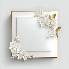 Wall Mural - White empty card with golden borders and white flowers on sides.