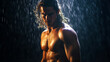 shirtless man with long hair in the rain and a combative look
