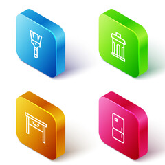 Poster - Set Isometric line Paint brush, Trash can, Furniture nightstand and Refrigerator icon. Vector