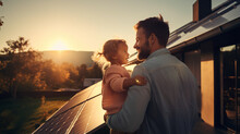 Rear View Of Dad Holding Her Little Girl In Arms And Showing At Their House With Installed Solar Panels. Alternative Energy, S Generative AIaving Resources And Sustainable Lifestyle Concept