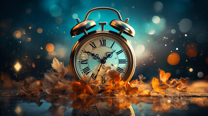 Vintage alarm clock on bokeh background, copy space