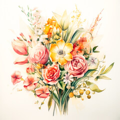 Wall Mural - Watercolor bouquet of flowers in pastel colors on white background