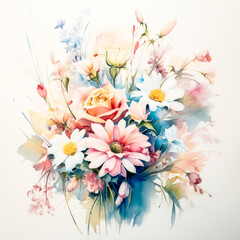 Wall Mural - Watercolor bouquet of flowers in pastel colors on white background