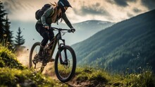 An Active Woman Riding A Sports Bike On A Mountain Trail, In Summer Mountains, In The Forest Female Cyclist Riding A Bicycle On A Mountain Trail, In Summer Mountains, In The Forest