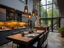 Modern Kitchen Design In Home Interior. Facades Are Painted And Made Of Natural Stone. Project Management. Loft Light Fixture Lights In Black Metal Frame Shade With Clear Panel Glass.