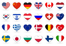 Flag Icon Or Logo Set. Heart Shape Flags. National Symbols Of The World Countries. Vector Illustration.