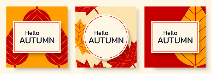 Hello Autumn background or banner set. Fall season poster. Leaf design. Vector illustration.
