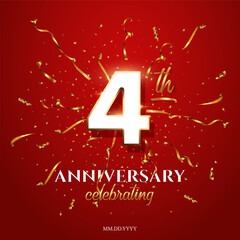 Wall Mural - Fourth Anniversary Celebrating text with golden serpentine and confetti on red background. Vector four anniversary celebration event square template with white numbers with gold frame