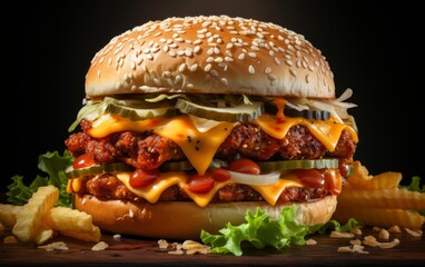 Fresh tasty burger with buns sesame, tomato, lettuce, cheese, onion, pickles, sauce, big double cheddar cheeseburger with chicken cutlet on wooden table