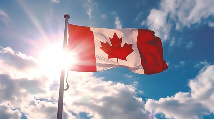 Wall Mural - canadian flag waving with sun light shinning 