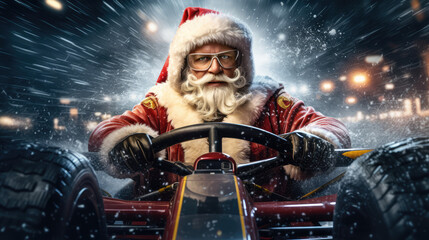 santa driving, santa Formula One car , Christmas, Generative AI