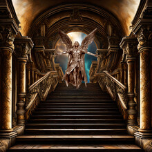 Angel Archangel Michael Standing On Stairs And Collums Like A Portal Or Gate To Universe Anc Cosmic Realm