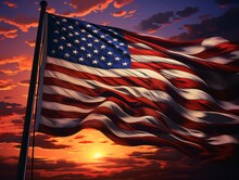 As The Sun Sets, The American Flag Silhouettes Against A Gradient Of Fiery Oranges And Purples, Capturing A Fleeting Moment Of Daily Beauty.