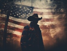 The Silhouette Of A Cowboy Merges With The American Flag, Intertwining Rugged Individualism With National Identity In A Ghostly Fusion.