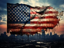 In Brilliant Photographic Contrast, A Monochrome Cityscape Is Punctuated By A Vividly Colored American Flag, Standing Out As An Emblem Of Hope And Unity Amid Urban Complexity.