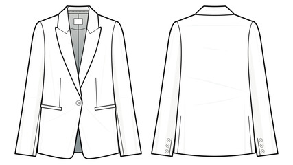 Wall Mural - Single Button suits a fashion flat technical drawing template. Single Button coat jacket vector template illustration. front and back view. women's jacket, white colour. Women's jacket, CAD mockup.