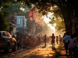 Photographically vibrant, an array of American flags lines a neighborhood street on the 4th of July, representing community unity and celebration. Children's laughter and BBQ smoke fill the air.