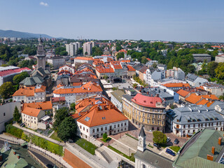 Wall Mural - Aerial view of Bielsko Biala. The Old Town Market Square of Bielsko Biala. Traditional architecture and the surrounding mountains of the Silesian Beskids. Silesian Voivodeship. Poland. 