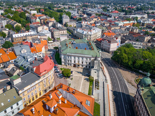 Wall Mural - Aerial view of Bielsko Biala. The Old Town Market Square of Bielsko Biala. Traditional architecture and the surrounding mountains of the Silesian Beskids. Silesian Voivodeship. Poland. 