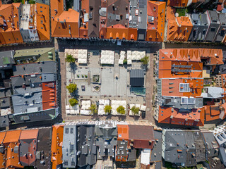 Wall Mural - Aerial view of Bielsko Biala. The Old Town Market Square of Bielsko Biala. Traditional architecture and the surrounding mountains of the Silesian Beskids. Silesian Voivodeship. Poland. 