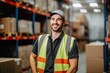 © pixardi - Happy factory worker and logistics manager smiling about shipping and distribution in cargo plant. Photo generative AI