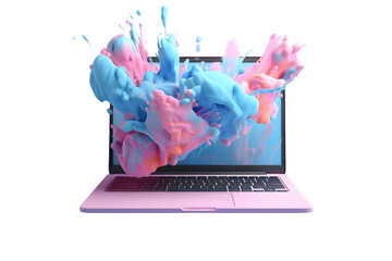 Wall Mural - Colorful Laptop with paint splash on screen                                                                         3d illustration mock up isolated on transparent background