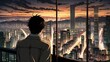 © saurav005 - A man looking at the skyline of a metropolitan city, manga art.