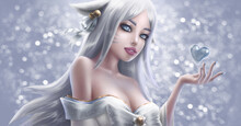 Beautiful Kitsune Dressed In A Satin Kimono Holding A Little Heart On Sequins Studio Background 3d Rendering
