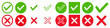 Set of green approval check mark and red cross icons in circle, square, flat checkmark approval badge, PNG isolated tick symbols on transperancy background