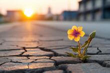 A Small Flower Growing On A Cracked Asphalt Road Glistens In The Light Of The Setting Sun. Success Concept Suitable For Life And Hard Work.