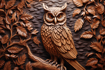 Wall Mural - wooden owl in a dark background. 