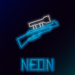 Poster - Glowing neon line Sniper rifle with scope icon isolated on black background. Colorful outline concept. Vector