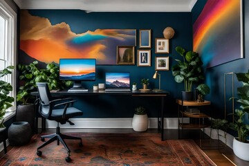 a home office with a standing desk, ergonomic chair, and vibrant motivational wall art