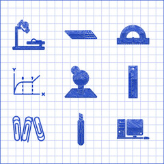 Sticker - Set Teacher, Stationery knife, Computer monitor with keyboard and mouse, Ruler, Paper clip, Pie chart infographic, Protractor grid for measuring degrees and Microscope icon. Vector