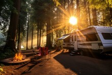 Sunburst Shining Through Trees Above RV In Campsite. Generative AI